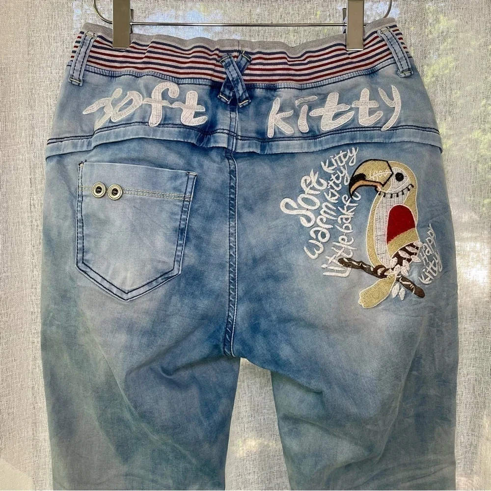 TwenySix Drawstring & Elastic Waist Jeans Embroidered Soft Kitty Large Size 10